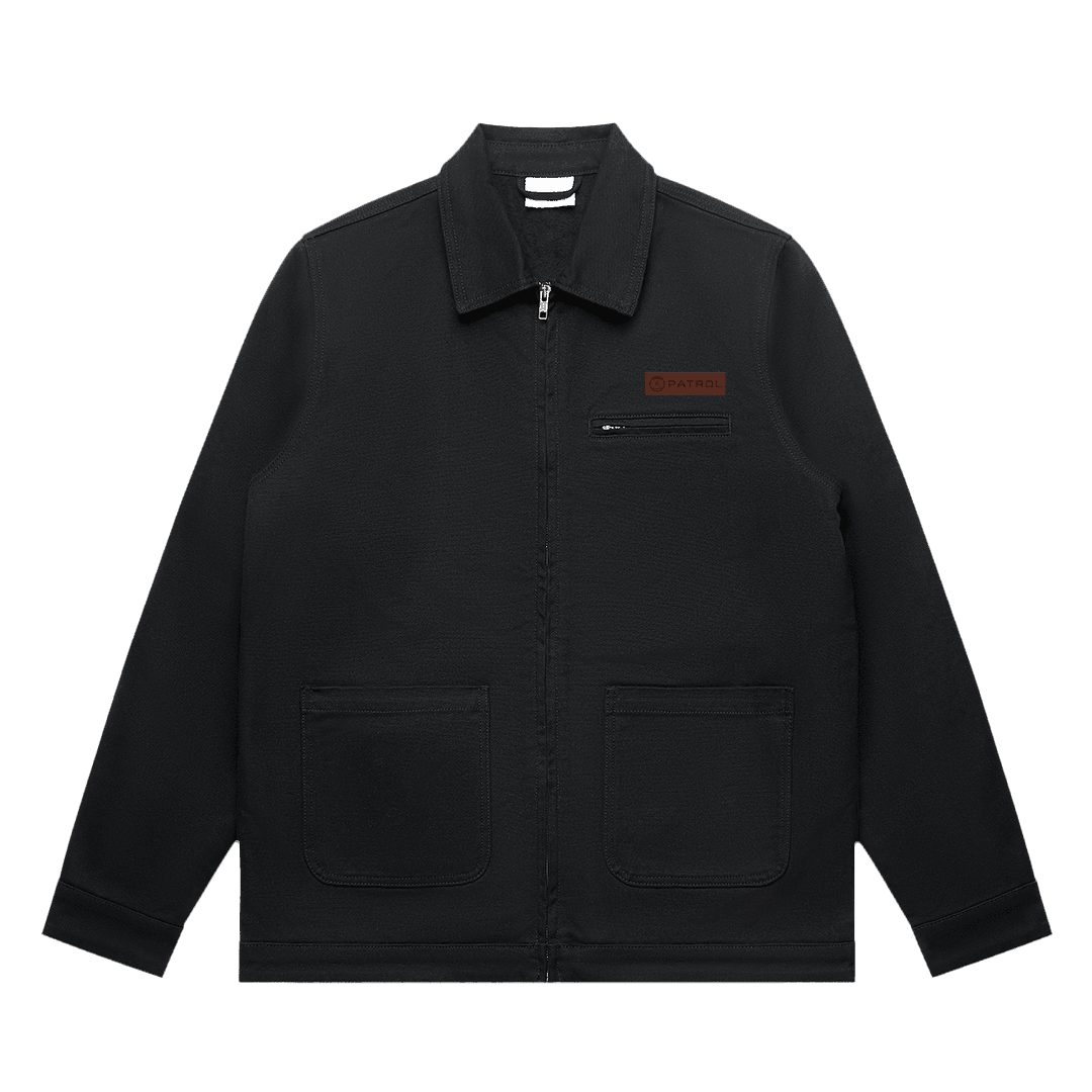 Black Patrol Canvas jacket front, duck canvas fleece lined jacket, outdoor clothing