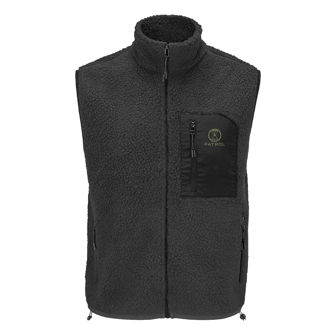 Patrol Goods black sherpa gilet body warmer, outdoor unisex clothing.