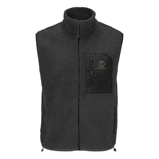 Patrol Goods black sherpa gilet body warmer, outdoor unisex clothing.