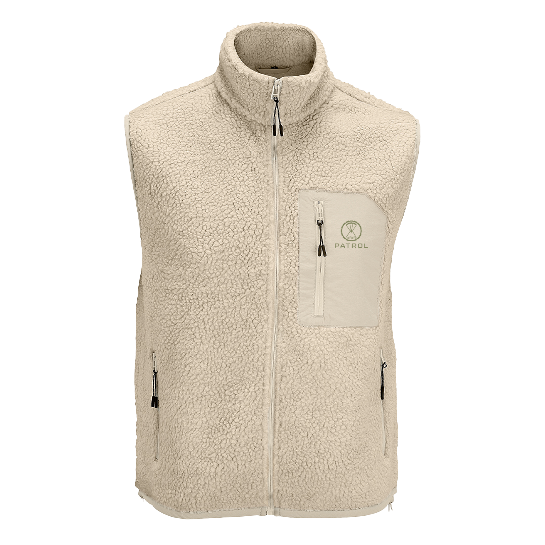 Patrol Goods Cream sherpa gilet body warmer, outdoor unisex clothing.