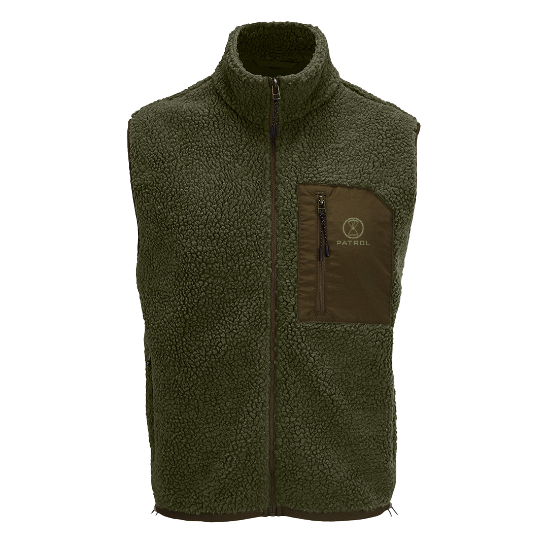 Patrol Goods green sherpa gilet body warmer, outdoor unisex clothing.