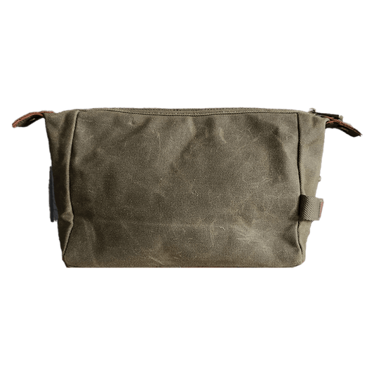 Patrol Goods olive waxed canvas washbag. Rugged outdoor accessory.