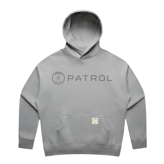 Patrol Goods Women's relaxed fit hoodie in storm grey with dark grey logo. Ladies outdoor clothing.